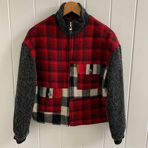 Red Plaid Wool Blend Bomber Jacket - S